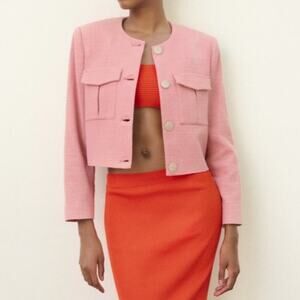 ZARA Dusty Pink Textured Weave Button Front Cropped Blazer Sz M NWT